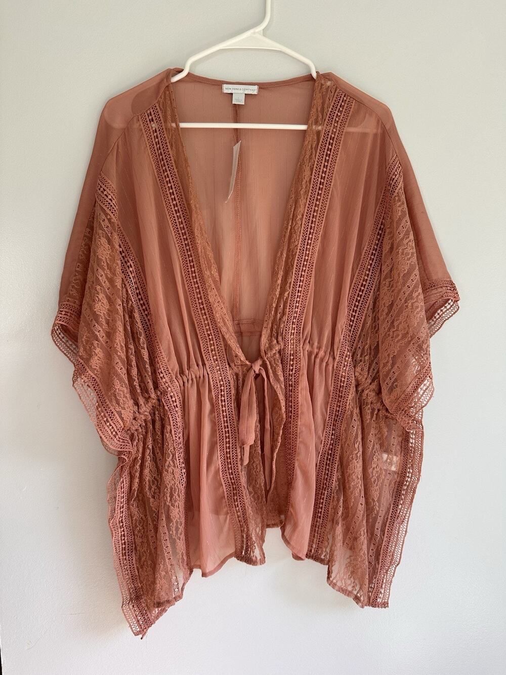 New York & Co Peach Sheer Short Sleeve Cardigan Coverup Lace Boho Size Large NEW